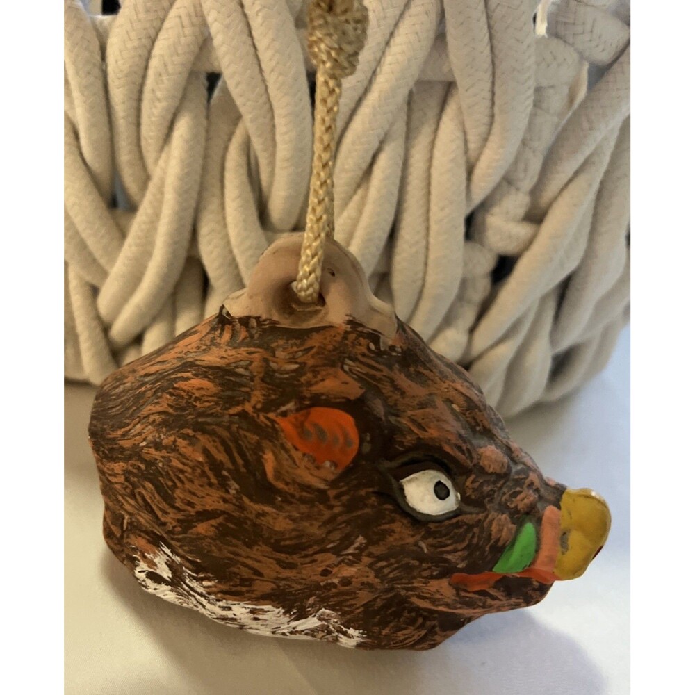 Vintage Folk Art Boar Head Bell Hand Painted Chalkware Rustic Farmhouse Cottage
